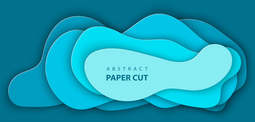 Wall Mural - Vector background with blue color paper cut shapes. 3D abstract realistic paper decoration, design textured with cardboard wavy, layout design template, banner, brochure, book cover.