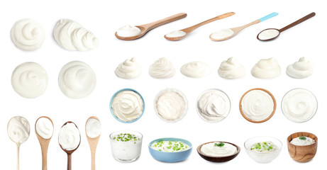 set of delicious sour cream in dishware on white background