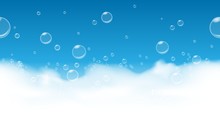 Soap Bubbles Background. Fresh Suds Blue Horizontal Seamless Pattern, Foam Hygiene Soapy Backgdrop, Vector Illustration