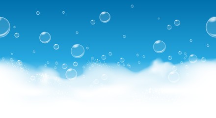 Soap bubbles background. Fresh suds blue horizontal seamless pattern, foam hygiene soapy backgdrop, vector illustration