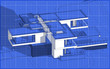 © korisbo - 3d rendering sketch of modern cozy house with garage for sale or rent. Graphics black line sketch with white spot on blueprint background.
