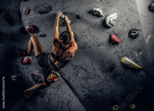 Cuadros en Lienzo Back view of a young sporty woman climbing on practical rock wall indoors