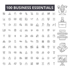 Business essentials editable line icons, 100 vector set on white background. Business essentials black outline illustrations, signs, symbols