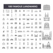 Famous landmarks editable line icons, 100 vector set on white background. Famous landmarks black outline illustrations, signs, symbols