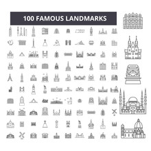Famous Landmarks Editable Line Icons, 100 Vector Set On White Background. Famous Landmarks Black Outline Illustrations, Signs, Symbols