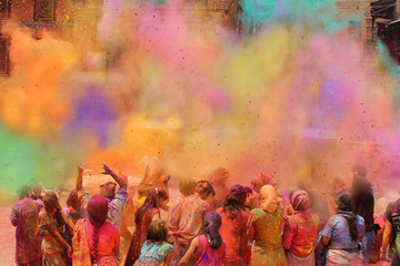 people celebrating holi festival of colors, india 