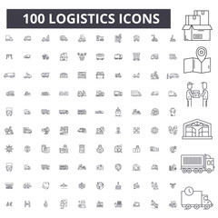 Logistics editable line icons, 100 vector set on white background. Logistics black outline illustrations, signs, symbols