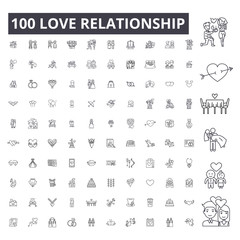 Love relationship editable line icons, 100 vector set on white background. Love relationship black outline illustrations, signs, symbols