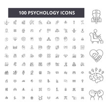 Psychology Editable Line Icons, 100 Vector Set On White Background. Psychology Black Outline Illustrations, Signs, Symbols