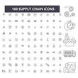 Supply chain editable line icons, 100 vector set on white background. Supply chain black outline illustrations, signs, symbols