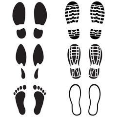 Footprints icon set. Shoes imprints, male, female, barefoot, silhouette. Abstract concept. Vector illustration on white background.