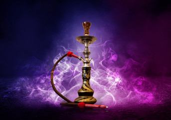 Canvas Print - Hookah smoking on a background of abstract futuristic background, neon light, smoke.