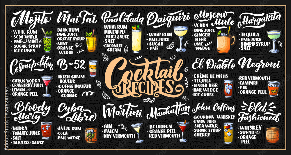 Lettering set of cocktails recipes. Template for card banner and poster for bar menu and restaurant - obrazy, fototapety, plakaty 