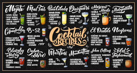 Lettering set of cocktails recipes. Template for card banner and poster for bar menu and restaurant