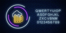 Neon Sign Of Mug Of Beer In Circle Frames With Alphabet. Luminous Advertising Signboard. Pub Or Bar Emblem Design.