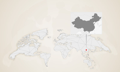 Wall Mural - Map of China with neighbor countries pinned on world map.