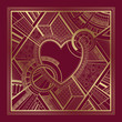 Gold and burgundy card with heart and art deco geometric ornament
