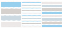 Set Of 3 Hand Drawn Irregular Geometric Vector Patterns. Horizontal Blue Ang Gray Stripes On A White Background. Infantile Style Abstract Graphic. Cute Repeatable Design.