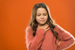 © be free - Lost her voice. Sore throat quick remedies. Kid feel pain in throat. Suffer from pain neck. Girl painful face orange background. Health care and medicine. Sore throat remedies. Throat pain treatment