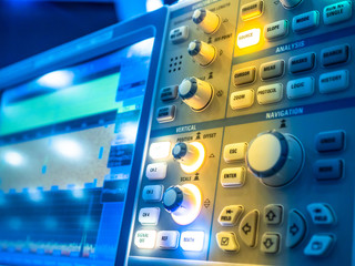 Poster - Electrical circuits. Industrial electrical concept. Research equipment. Measuring instruments. Oscilloscope. Digital oscilloscope for mixed signals in research laboratory