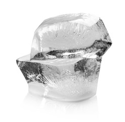 Transparent ice cubes melting on white background