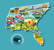 Illustrated Pictorial Map Of Southern United States. Includes Tennessee, Carolinas, Georgia, Florida, Alabama And Mississippi. Vector Illustration.