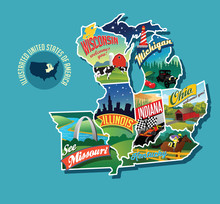Illustrated Pictorial Map Of Midwest United States. Includes Wisconsin, Michigan, Missouri, Illinois, Indiana, Kentucky And Ohio. Vector Illustration.