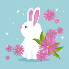 Poster - cute rabbit wild animal with flowers and leaves