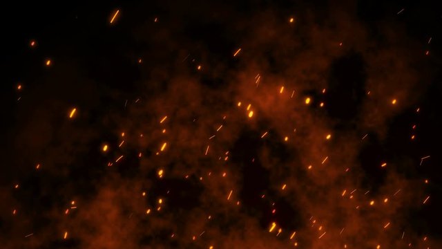 Wall Mural - Burning red hot sparks rise from large fire seamless loop. Backdrop of bonfire, light and life. 3D animation of fiery orange glowing flying ember particles on black background in 4k with alpha matte