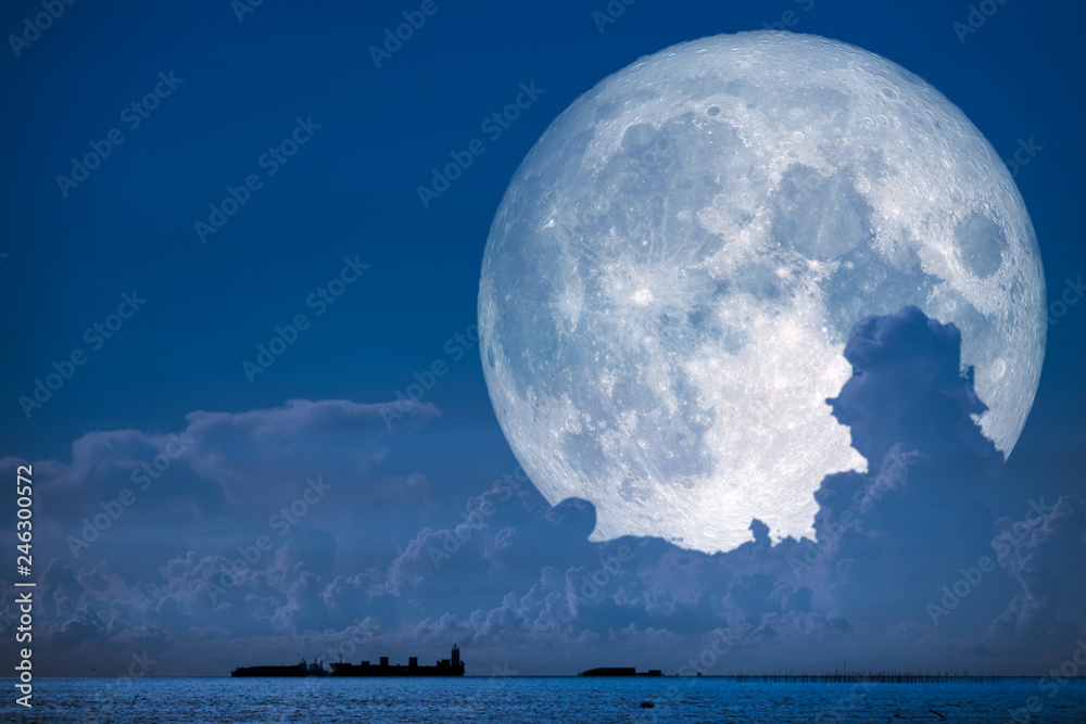 super snow moon back on night sky silhouette cloud on sea - obrazy, fototapety, plakaty 