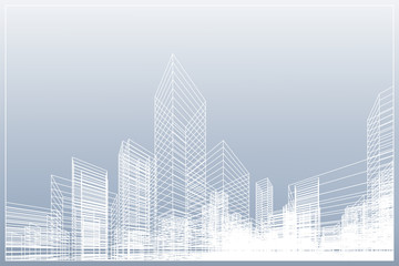 Abstract wireframe city background. Perspective 3D render of building wireframe.