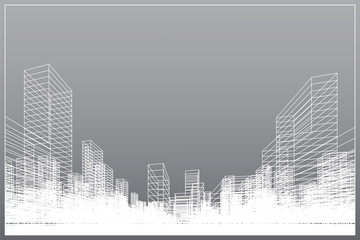 Poster - abstract wireframe city background. perspective 3d render of building wireframe.