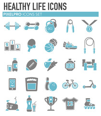 Poster - Healthy life grey blue icons set on white background for graphic and web design, Modern simple vector sign. Internet concept. Trendy symbol for website design web button or mobile app