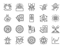 Fortune Telling Line Icon Set. Included Icons As Fortunes, Tarot, Palmistry, Chi-Chi Sticks, Horoscope And More.