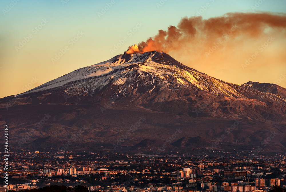Catania and Mount Etna Volcano in Sicily Italy - obrazy, fototapety, plakaty 