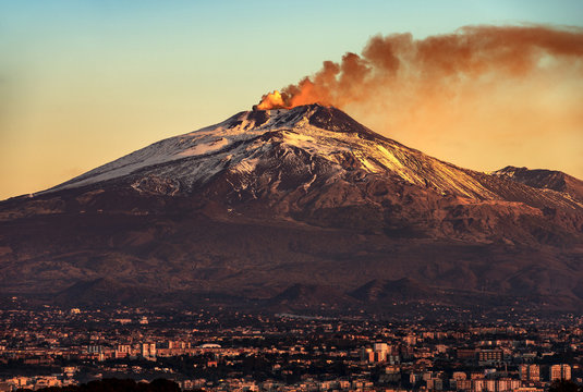 catania and mount etna volcano in sicily italy