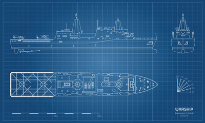 Wall Mural - Outline blueprint of military ship. Top, front and side view. Battleship model. Industrial isolated drawing of boat. Warship USS