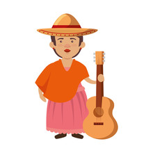 Traditional Mexican Woman With Hat And Guitar