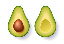 Two Ripe Slices Of Avocado, One Slice With Core. Cut In Half Avocado Isolated On The White Background. Vector Illustration
