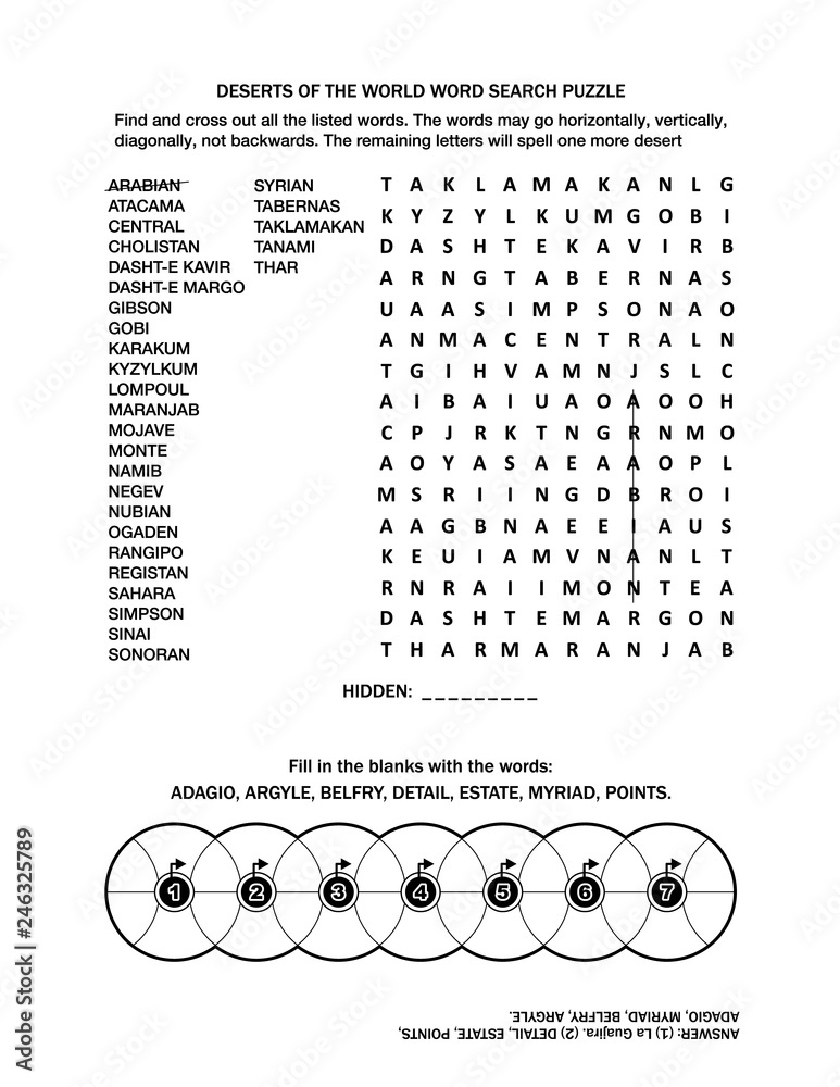 Puzzle page with two word games (English language). Deserts of the ...