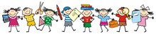 Happy Kids And School Supplies. Group Of Girls And Boys. Vector Icon.