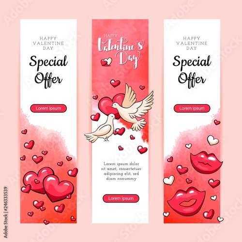 Valentine S Day Vertical Banners With Watercolor Background Hand