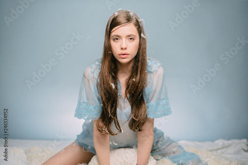 Style Night Look Young Woman Wear Silky Blue Nightie Pretty Girl