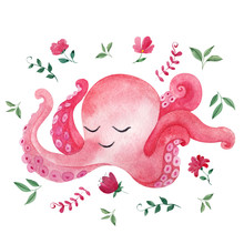 Watercolor Illustration With Cute Whaley, Octopus, Narwhal And Dolphin, Leaves And Flowers 