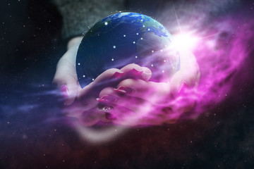 Poster - Protect our world in woman hands and yellow nebula dust. Mixed media.