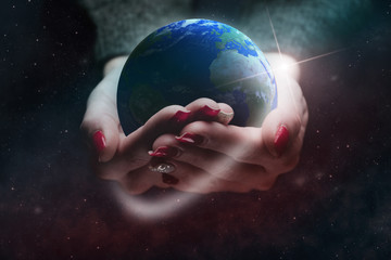 Poster - Protect our world in woman hands and nebula dust. Mixed media.