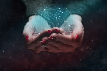 Poster - Woman holding in palm blue Social connection technologies. Mixed media.