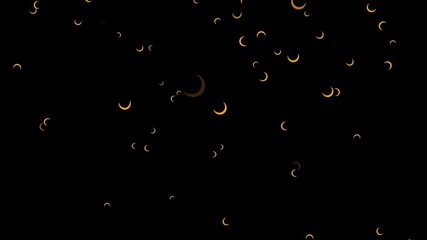 Poster - Abstract animation of many golden, crescent moons falling on black background, seamless loop. Small, orange half moons flying, kids cartoon concept.