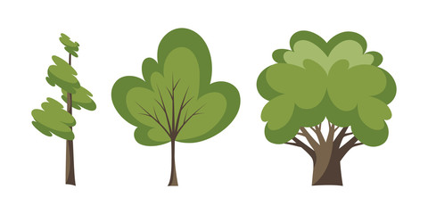 Wall Mural - Thin and thick trees. Decorative trees icon set. Flat trees in a flat design. Isolated on white. Vector icons.