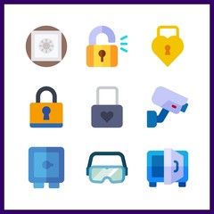 9 private icon. Vector illustration private set. padlock and security camera icons for private works